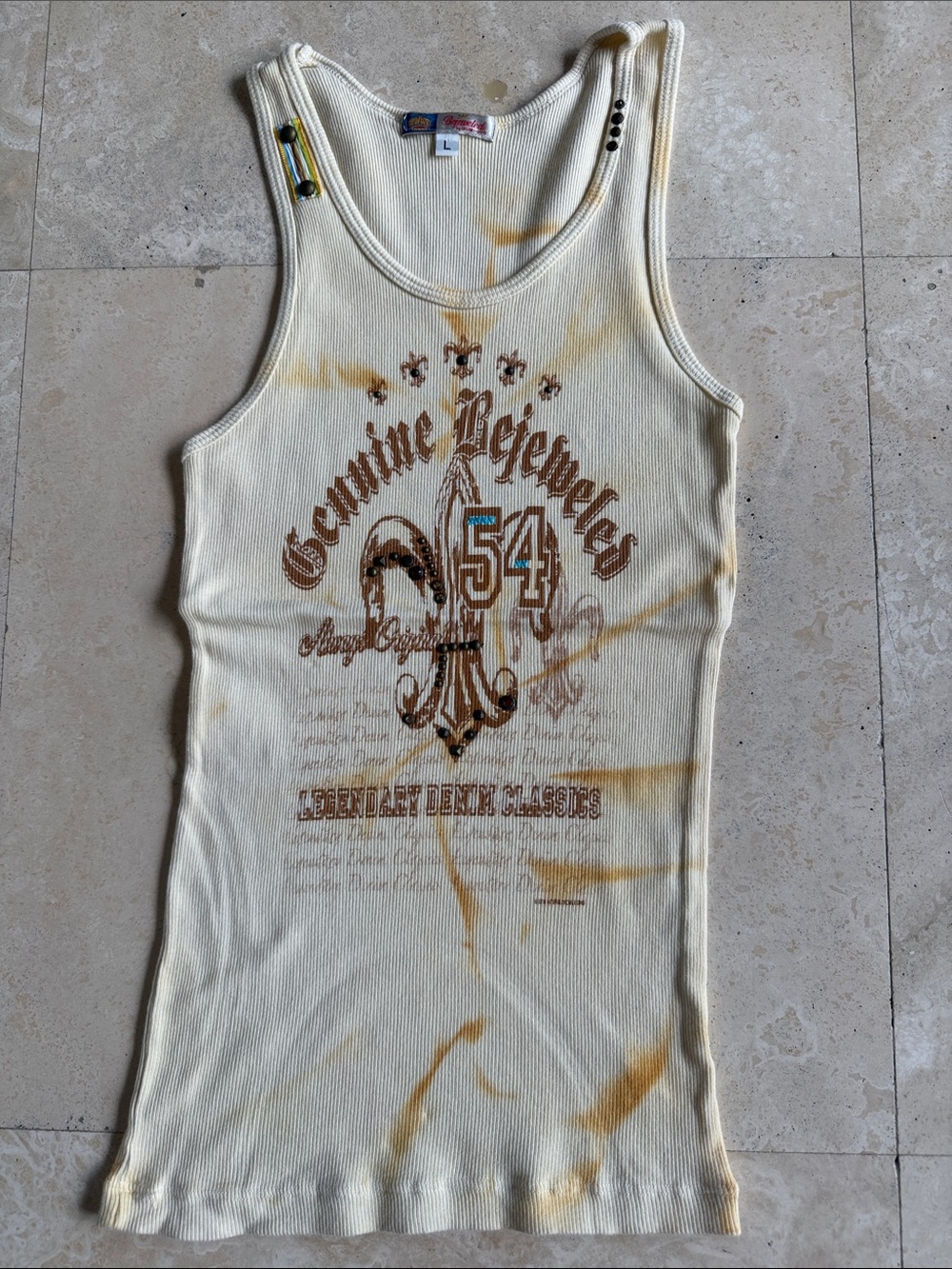 Y2K Yellow Graphic Ribbed Tank Top with Fleur-de-Lis Print